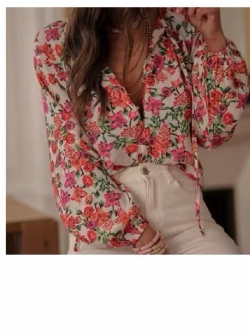 Tie-Neck Floral Blouse in Pink